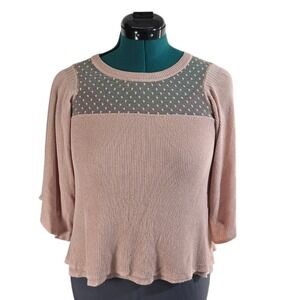 Anna Cai Top‎ Womens XS Pink Viscose Ribbed Knit Mesh Yoke Bell Sleeve Boho Chic